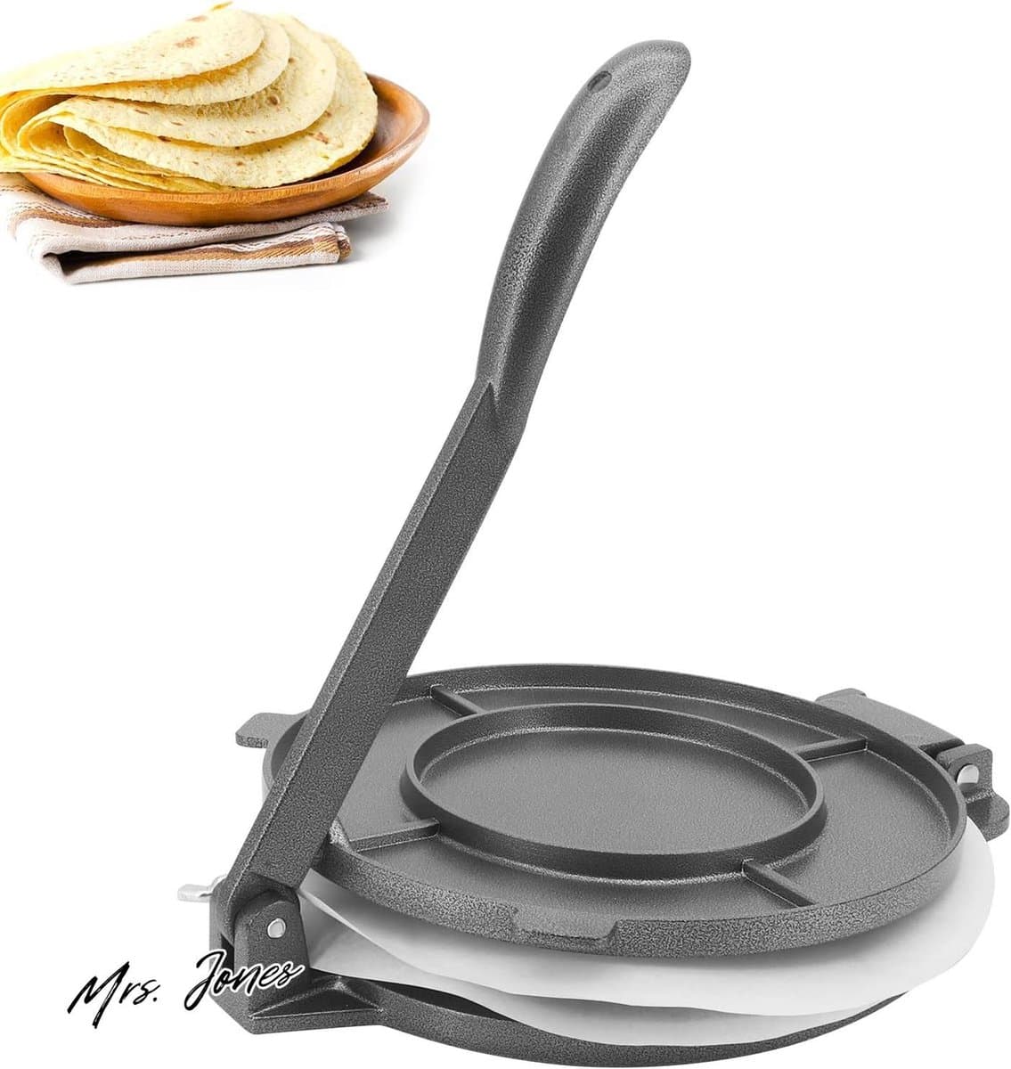 Mrs. Jones Tortillapers 20 cm vooraf gekruide tortillamaker met 100 stuks anti-aanbaklaag vetvrij bakpapier - gereedschap voor het maken van tortilla chapati roti (zwart) .