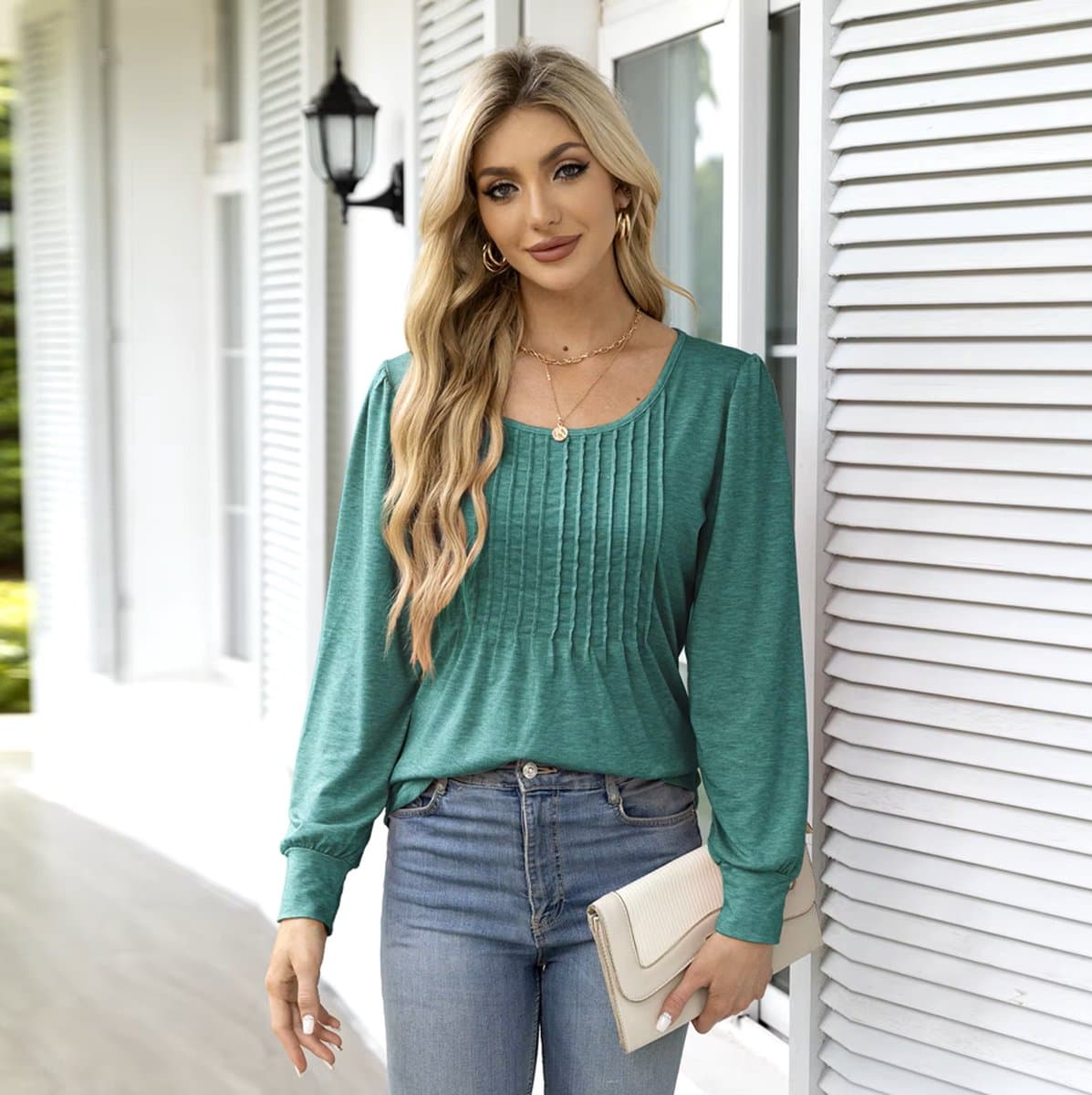 ASTRADAVI Casual Chic - Ronde Hals Dames Blouse - Stijlvolle Top met Geplooide Halslijn - Licht Groen / 2X-Large