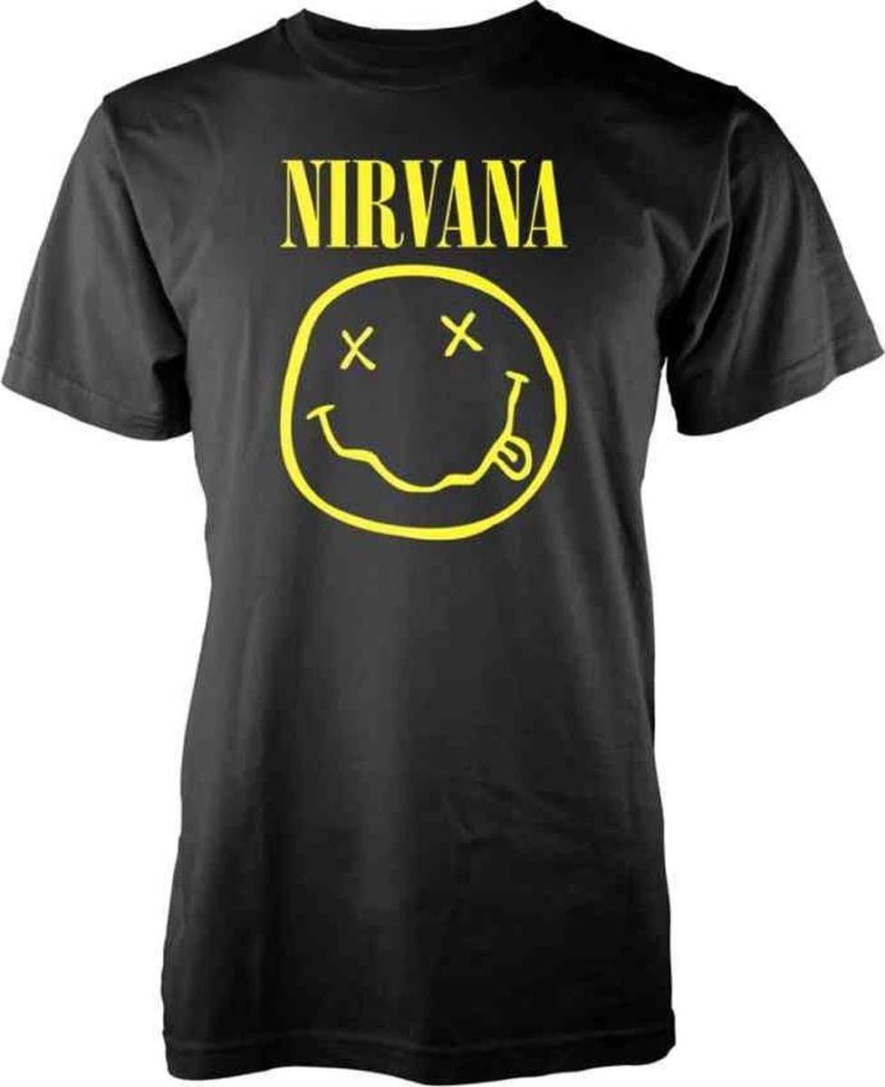 Nirvana - Yellow Happy Face Heren T-shirt - M - Zwart