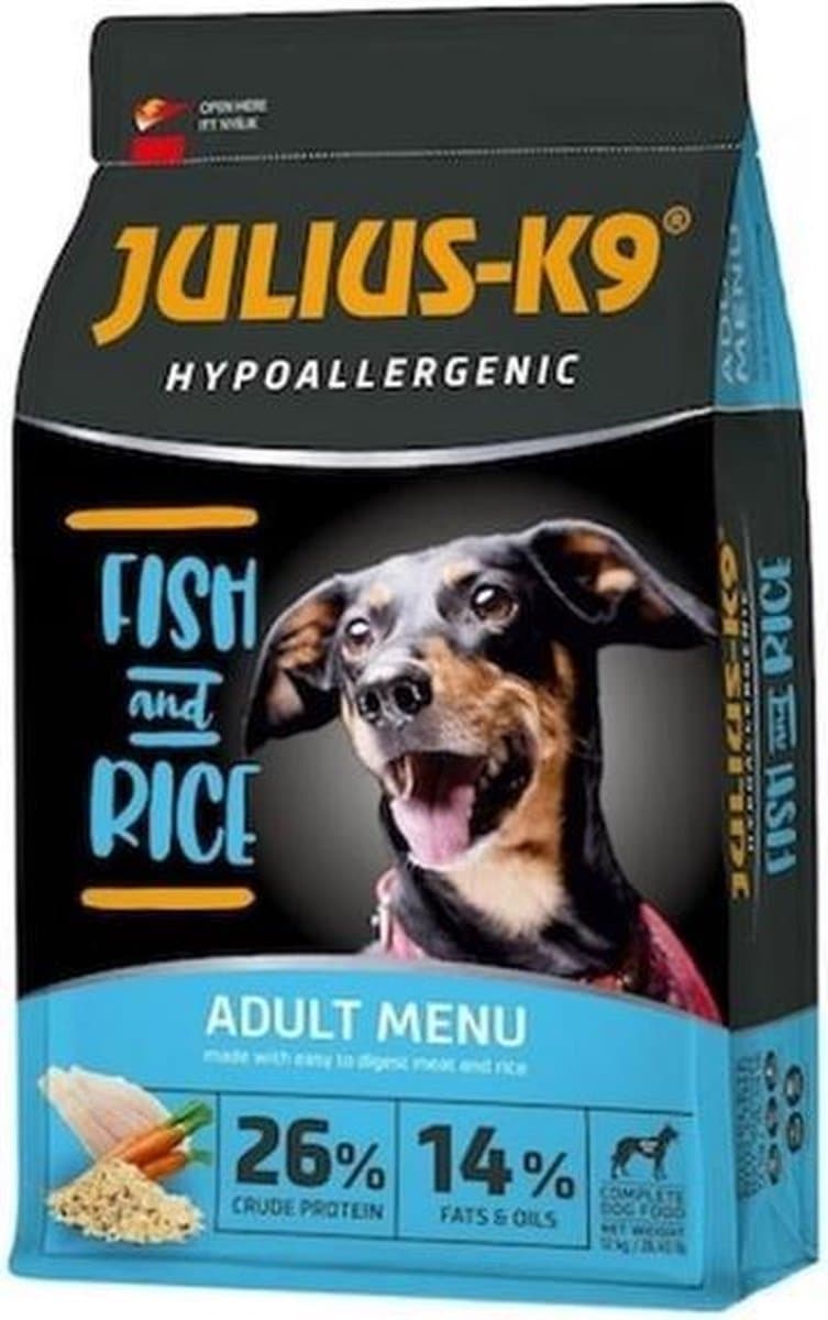 Julius-K9 Fish & Rice – Hypoallergeen hondenvoer zonder kip – Hondenbrokken voor gevoelige honden – Vis smaak - 12kg