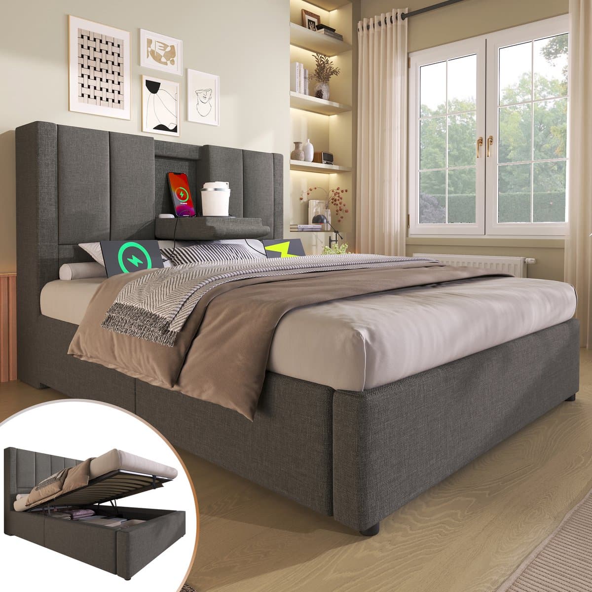 Wishdor Gestoffeerd Bed 90x200 cm – Hydraulische Opbergruimte en Bekerhouder – USB/Type-C Laadstation – Inclusief Matras – Linnen – Grijs
