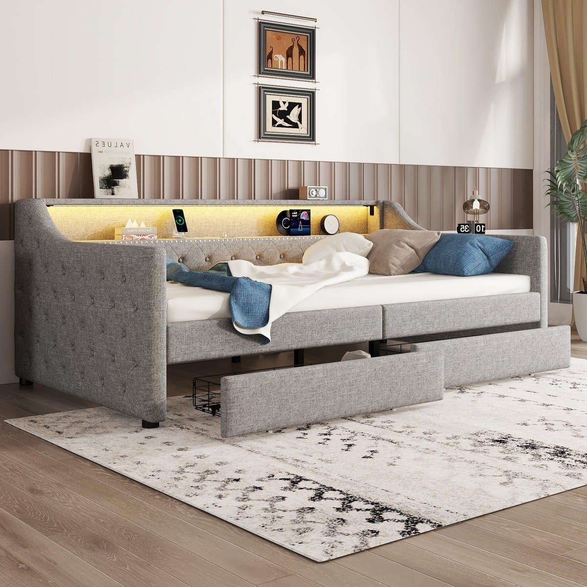 Daybed 90x200 - Slaapbank met LED en 2 Lades - Linnen - Grijs