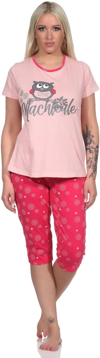 Damespyjama met korte mouwen, Capri-pyjama met schattig uilenmotief "Nachtuil"