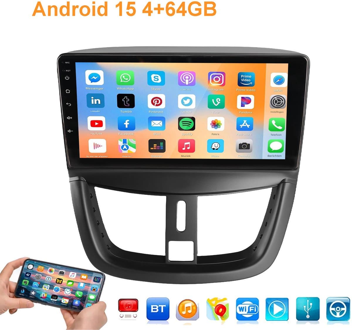 ESSGOO Autoradio Geschikt voor Peugeot 207 2006-2015 - Android 15 - 4 GB+64 GB - GPS-navigatie - Carplay en Android auto - 2005 2006 2007 2008 2009 2010 2011 2012 2013 2014 2015 - Bluetooth FM RDS Wifi - 2 DIN