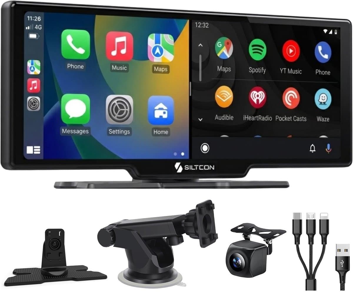 Siltcon® Geschikt voor CarPlay Scherm 10.26 Inch – Geschikt voor Android Auto Scherm – Navigatiesysteem Auto – Auto Scherm – Universeel – Touchscreen & HD Achteruitrijcamera - Incl. Telefoonkabels