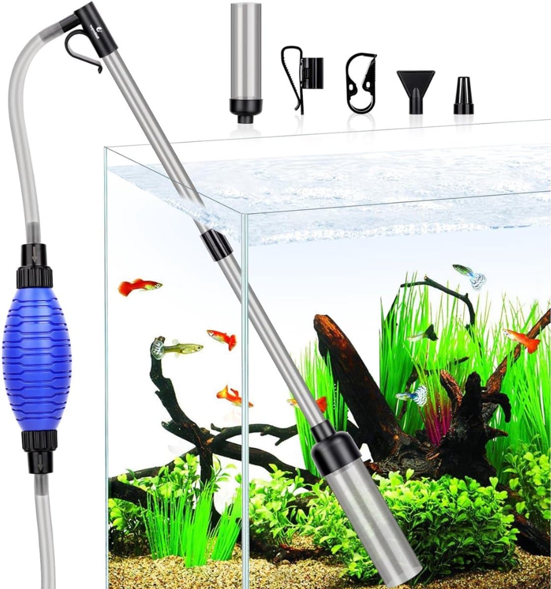 Quvo® Aquarium Stofzuiger - Bodemreiniger - Gravel Cleaner – Bodemzuiger - Aquariumstofzuiger - Aqurium Schoonmaakset Met Toebehoren - Aquarium Reiniging En Schoonmaken – Glasreiniger-Blauw-42cm x 15cm x 7cm