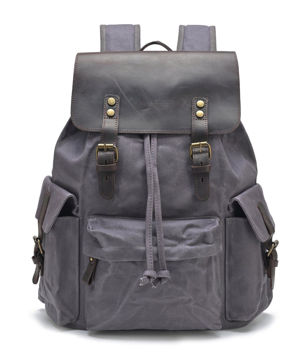 DE LAMASSU® Vintage Canvas Laptoptas 15 inch – Motor & Fiets Geschikt – Harde Achterkant – Rugzak – Canvas & Echt Leer