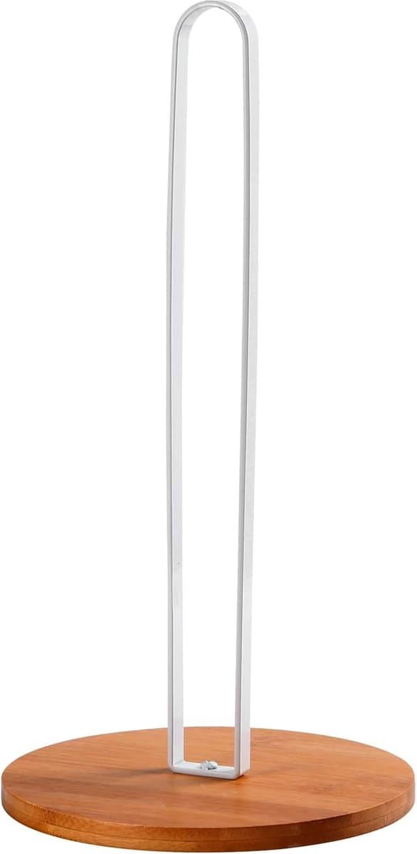 Witte keukenrolhouder, staand roestvrij staal met ronde antislip houten voet, keuken- en eettafel, werkblad, papierrolhouder voor alle standaard keukenrollen