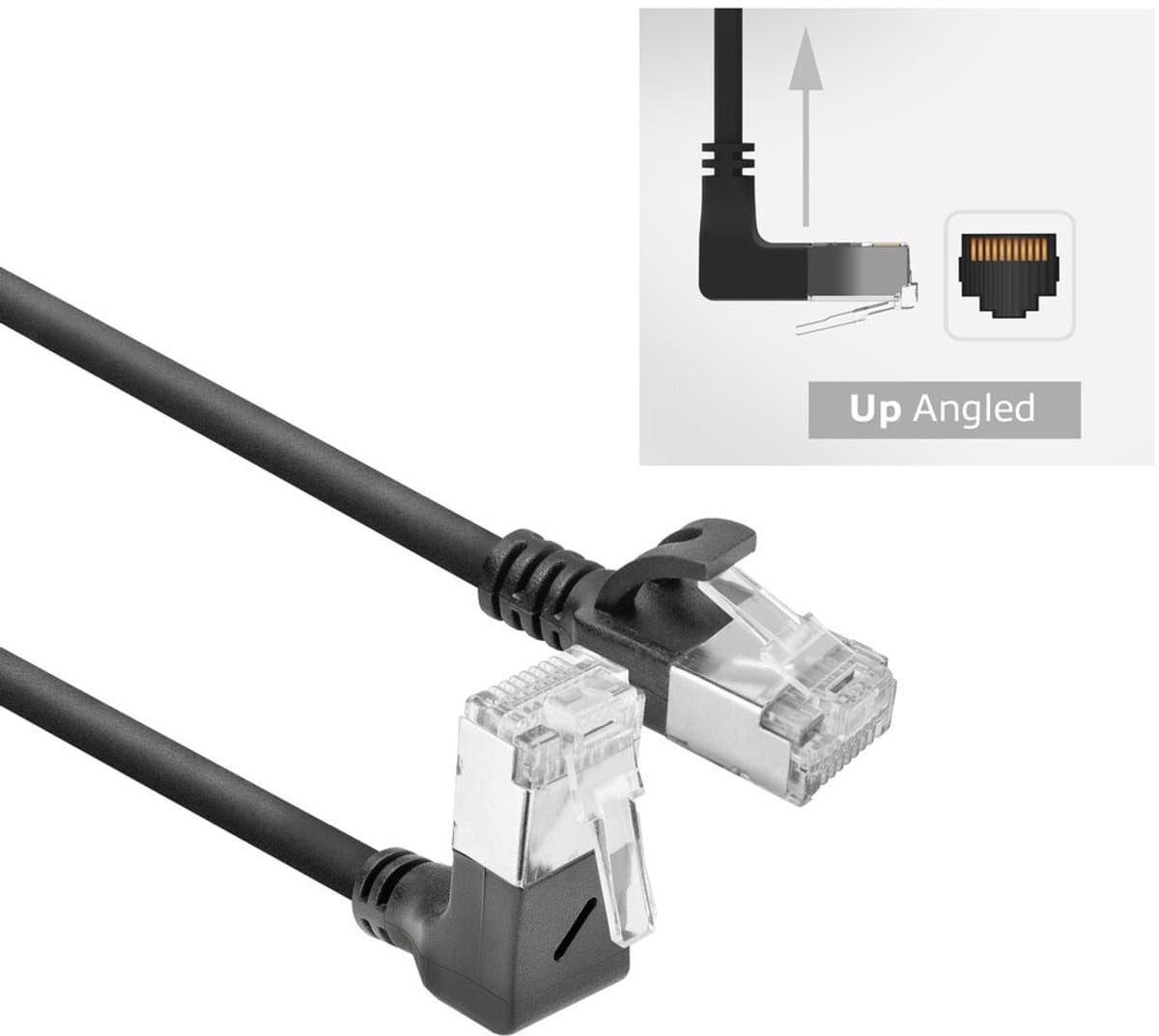 ACT Zwarte 3 meter U/FTP CAT6A LSZH Slimline patchkabel met RJ45 connectoren recht naar 90° haaks boven DA4903