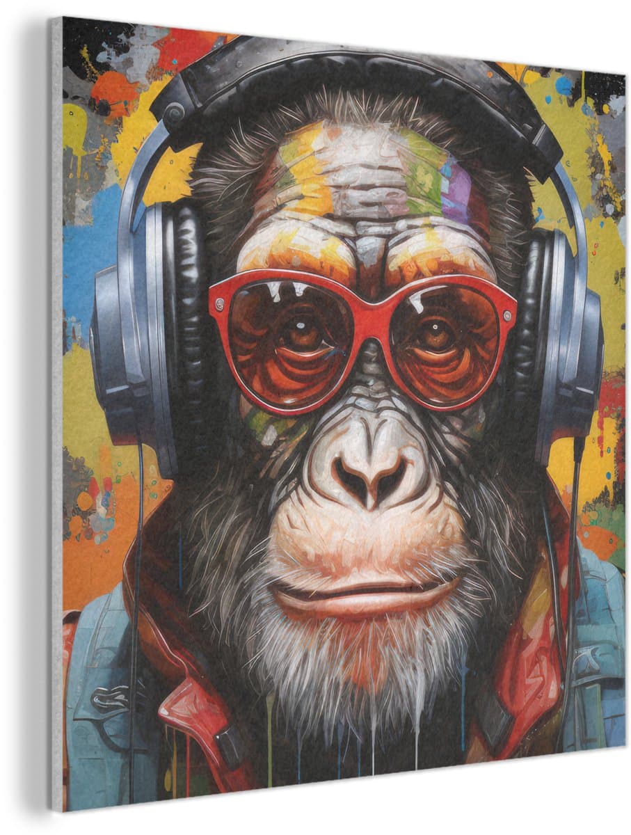 Akoestisch wandpaneel 50x50 cm - Vilt schilderij Chimpansee - Aap - dieren - Graffiti - Bril - Koptelefoon - Kleuren - Akoestische panelen - Geluidsdempende wanddecoratie - Geluidsisolatie woonkamer - Muurdecoratie geluidspanelen
