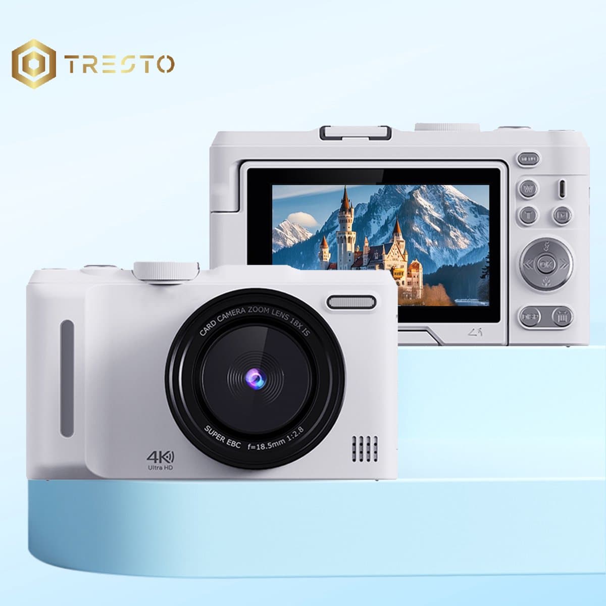 TRESTO - 4K Digitale Camera - 64 MP 18x Digitale Zoom - Autofocus Videocamera met 3 Inch Flip-scherm - Compacte Anti-shake Vlogcamera - voor Live Streaming Reisfotografie - 64 MP - Autofocus