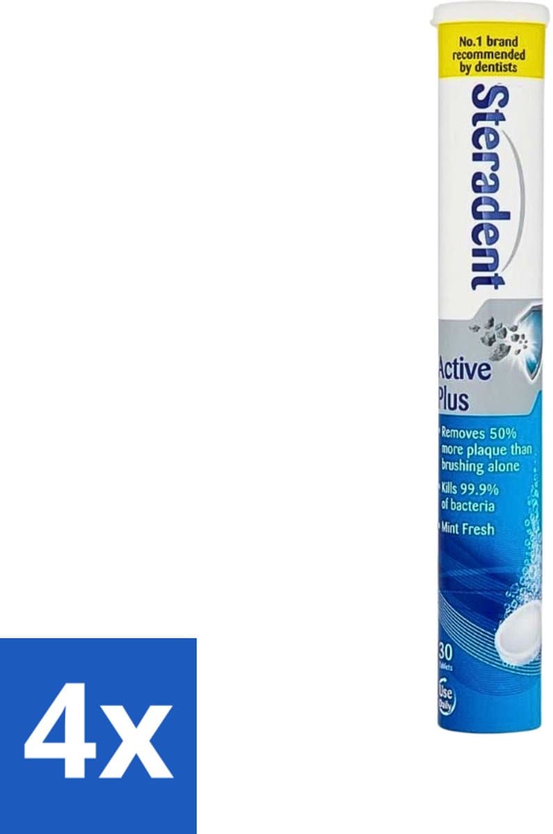 4 x Steradent - Reinigingstabletten - Active Plus - Tegen Tandsteen & Bacteriën - 30 Tabletten - Kunstgebit Reinigen - Tandsteen Verwijderen - Mondhygiëne - Bacteriën Doden - Adem Verfrissen