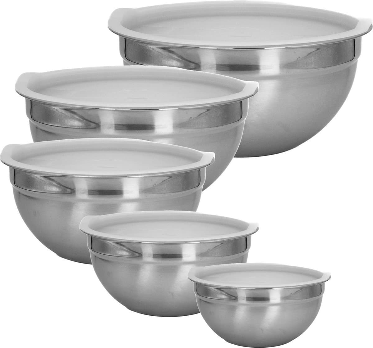 Intirilife 5-delige set saladekommen mengkommen met deksels in verschillende maten van zilverkleurig roestvrij staal - Voor eieren room salade of vlees