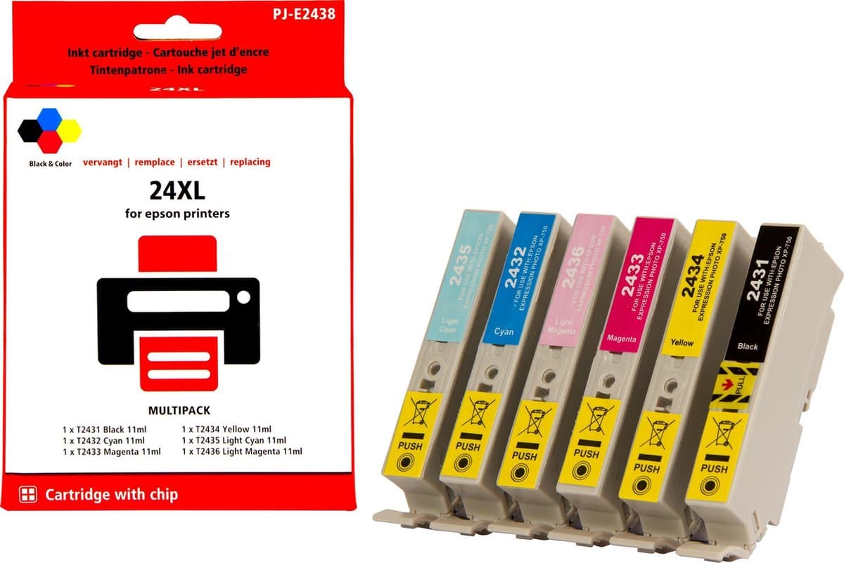 Pixeljet Epson 24 XL (T2438) Inktcartridge - Zwart, Cyaan, Licht Cyaan, Geel, Magenta, Licht Magenta