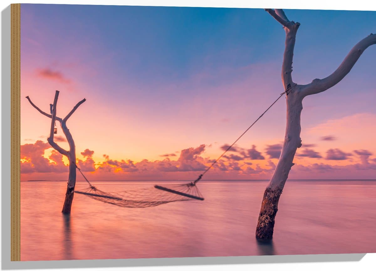Hout - Hangmat tussen Kale Takken in de Zee tijdens Zonsondergang - 75x50 cm - 9 mm dik - Foto op Hout (Met Ophangsysteem)
