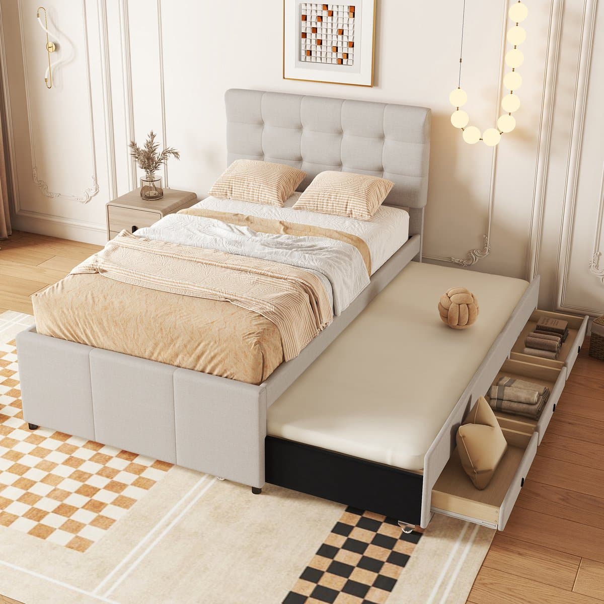 STILVORA Gestoffeerd bed 90x200 cm – Eenpersoonsbed met uittrekbaar bed en drie lades – Verstelbaar hoofdeinde – Linnen – Beige – Zonder matras