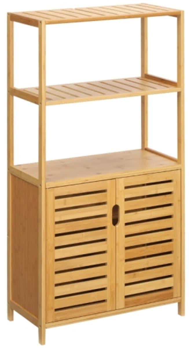 Badkamerkast badkamercommode met lameldeuren badplank bamboehout ladekast Woonkamerkast Voorzien van een anti-kantelriem voor extra veiligheid Het jaloeziedeurontwerp zorgt voor goede ventilatie en voorkomt dat geuren en vuil binnendringen