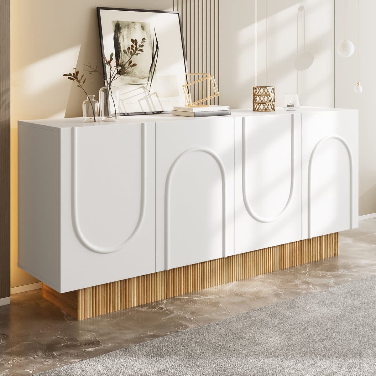 OKWISH Sideboard – U-Relief – 4 Deuren 4 Vak – 160x38x75 cm – Opbergruimte Voor Woonkamer/Eetkamer – Matte Front Met Houtstructuur – Spaanplaat Wit+Bruin