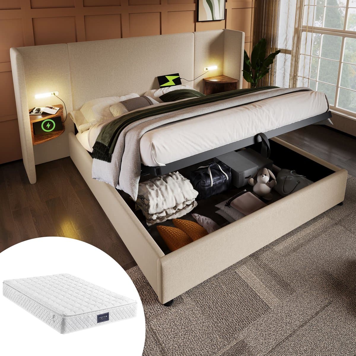 Wishdor Gestoffeerd Opbergbed 160x200 cm – Hoofdbord Met Plank & Touch Leeslamp – USB/Type-C – Beige Linnen