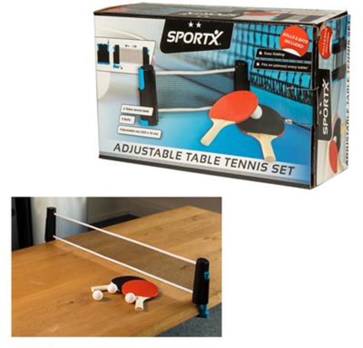 SportX Oprolbare Tafeltennisnet + 2 Bats