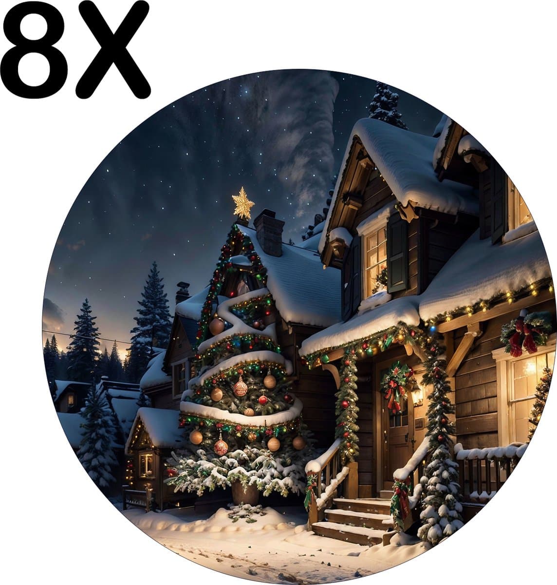 BWK Flexibele Ronde Placemat - Kerst Sfeer in het Dorp - Set van 8 Placemats - 50x50 cm - PVC Doek - Afneembaar