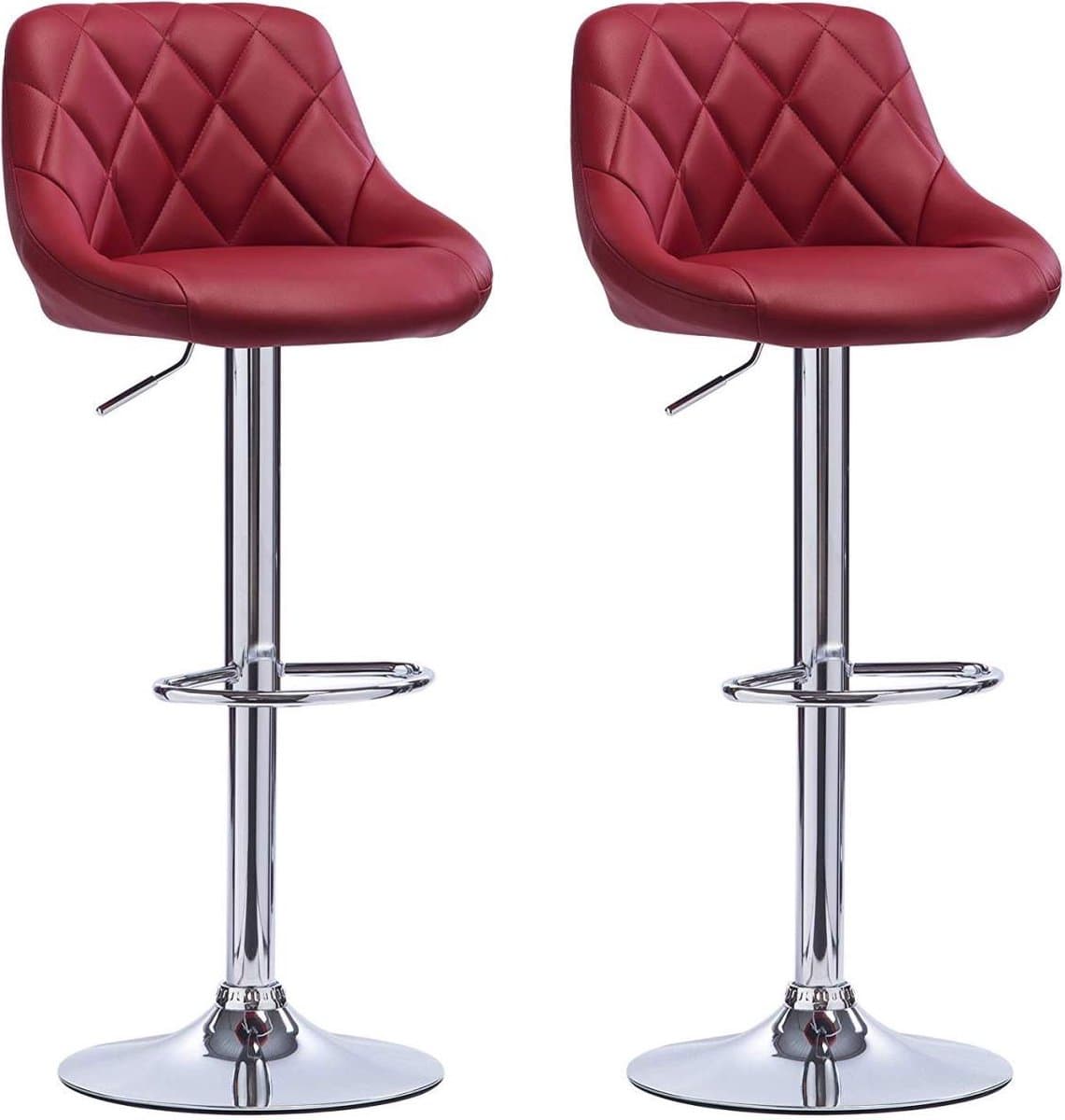 BukkitBow - Industriële Lederen Barkruk met Rugleuning en Verstelbare Zithoogte - Set van 2 Stuks (60-82CM) - Wijnrood