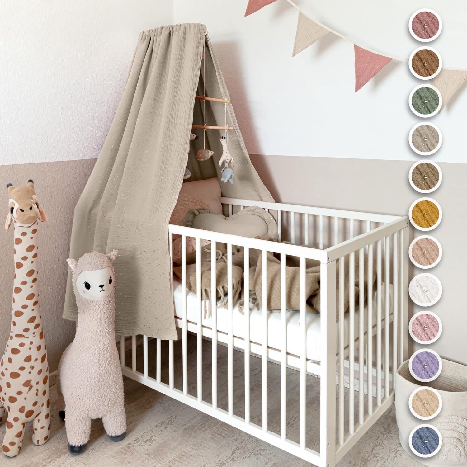 LILIMAUS Klamboe voor ledikant met gouden details - hemeltje babybed - mousseline katoen - 140 cm - lichtbeige