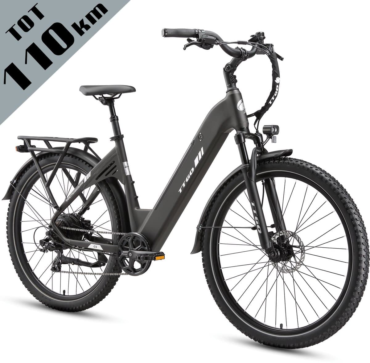 Elektrische Fiets TTGO C3 - 36V 18AH Accu - Actieradius Tot 120 Km - 28×2.0 Inch Wielen - Aluminium Lage Instapframe - Shimano 7 Versnellingen - Mechanische Schijfremmen - LCD Display - Elektrische Stadsfiets - Zwart