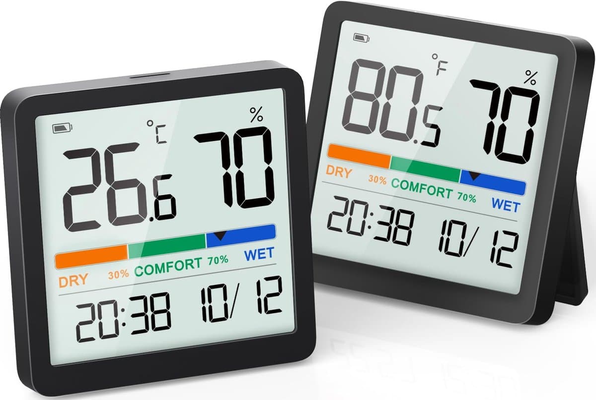 Kamerthermometer Hygrometer Kleine Digitale Temperatuur Vochtigheidsmeter Indoor Thermometers Sensor Luchtmonitor met Klok Comfort Display (Zwart)