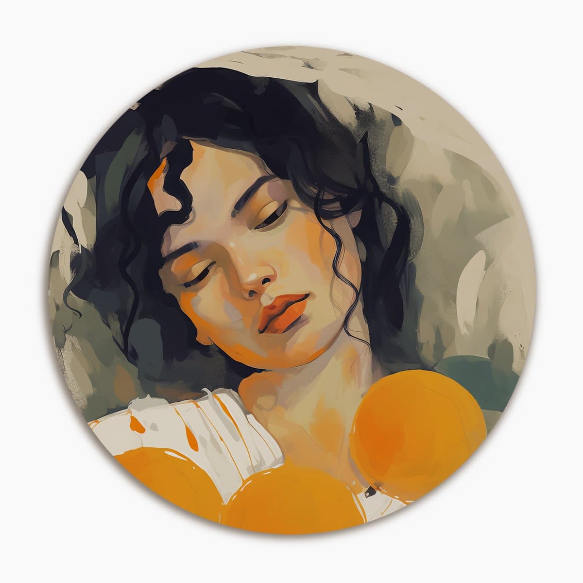 Dromerige vrouw met sinaasappels - Muurcirkel 80x80 cm - Wanddecoratie op Aluminium Dibond - Rond Wandpaneel