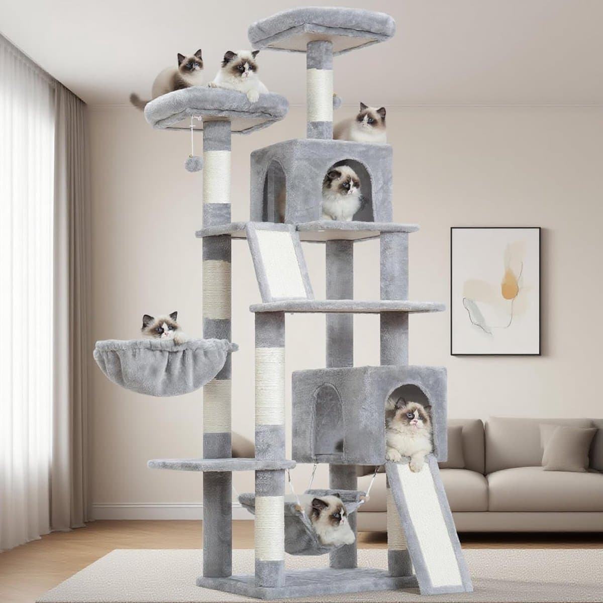 Krabpaal Kattenboom - Kattenmeubel - Katten Spelen - Meerdere Verdiepingen - 200 cm Hoog - Lichtgrijs