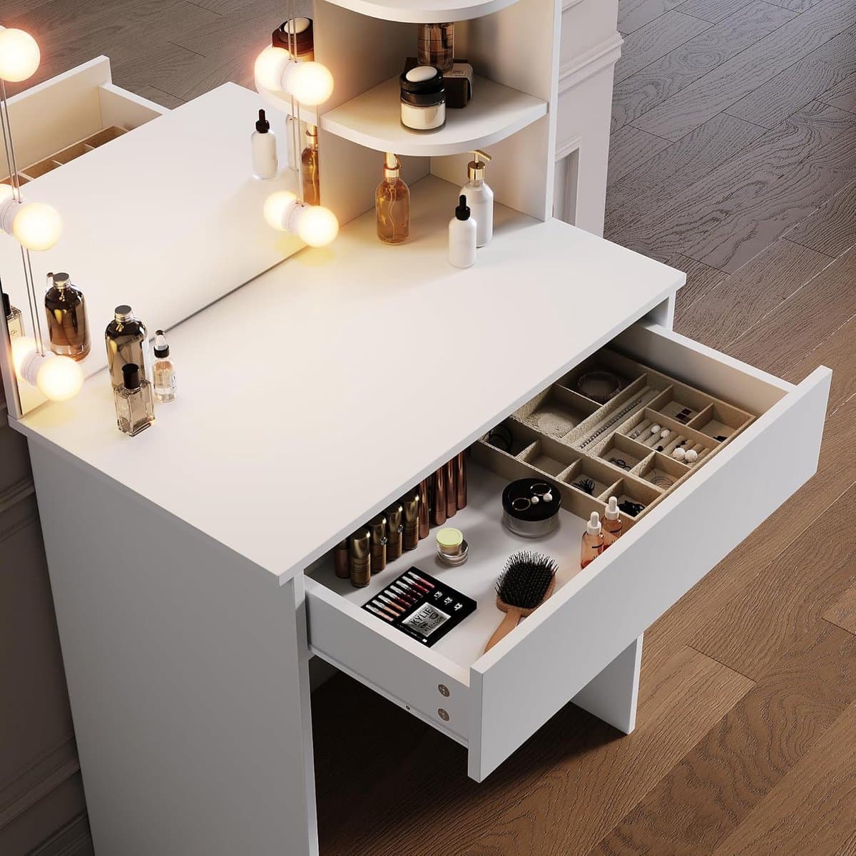 Luxe GlowMirror LED Kaptafel met Spiegel, 3-Lades en Open Opbergvakken, 3 Lichtstanden & 10 Helderheidsniveaus, Make-up Tafel 70x40x140 cm Wit