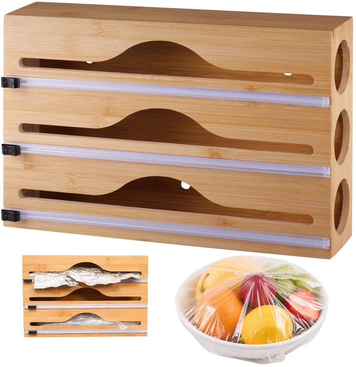 3-in-1 foliedispenser - voor vershoudfolie, aluminiumfolie en bakpapier - 1 stuk - natuurlijk hout