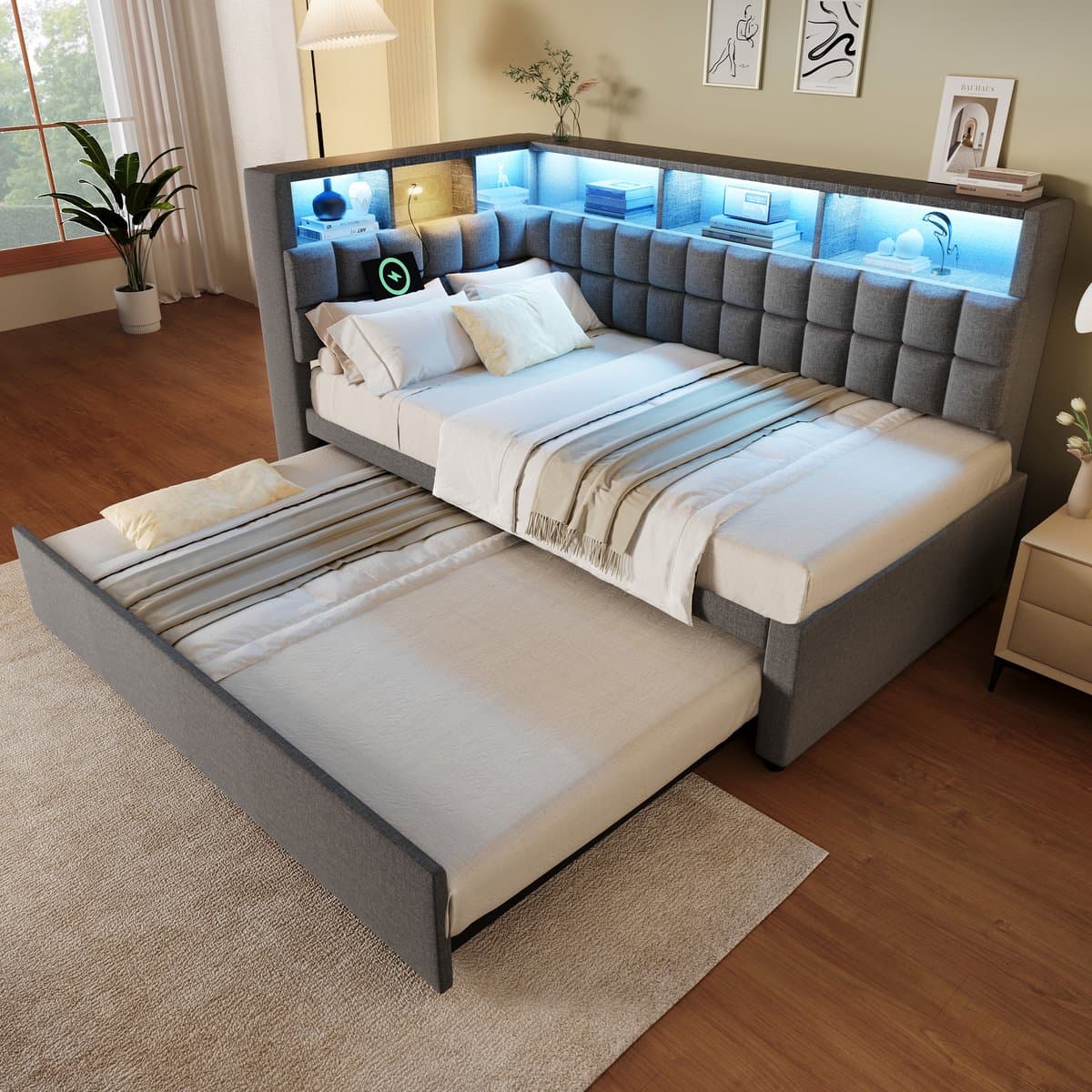 MODFU – Gestoffeerd Bed met Uitschuifbed – 90x200 cm – Bluetooth & LED – Linnen-Katoenmix – Grijs