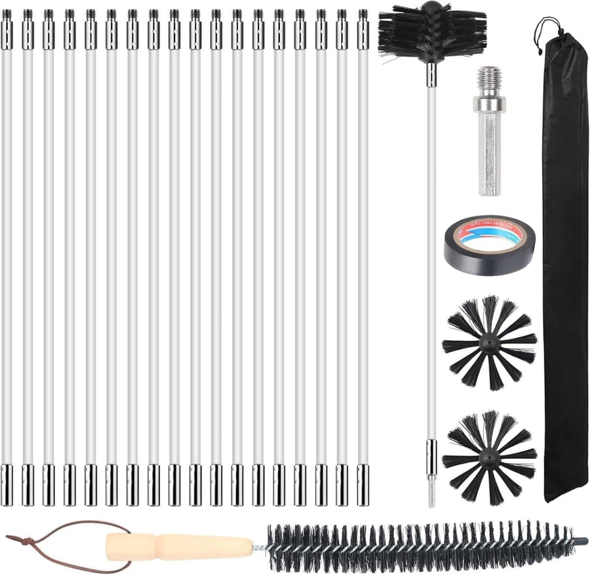 TIM® Schoorsteenveegset - Schoorsteen Borstel Met 15 Flexibele Stangen van 410 mm – Schoorsteenreiniger Inclusief 2 Borstelkoppen – Geschikt voor Boormachine - Wit / Zwart - 41cm x 15cm x 6cm