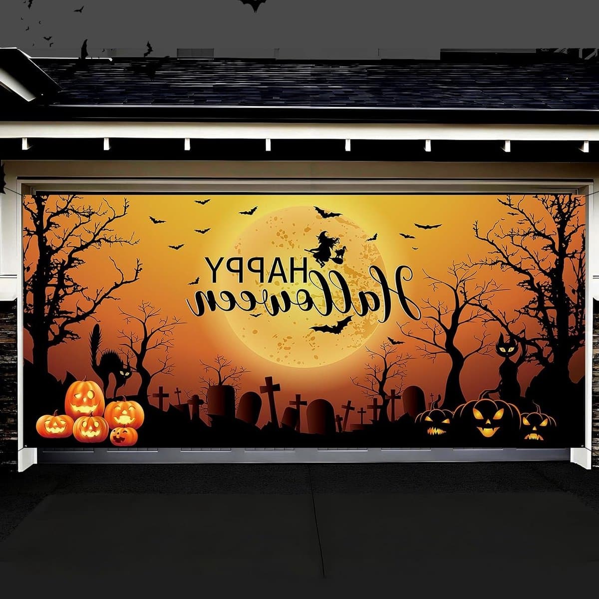 Allecta - Griezelige Halloween garagedeur versiering, spookachtige deurcover, 39 x 183 cm