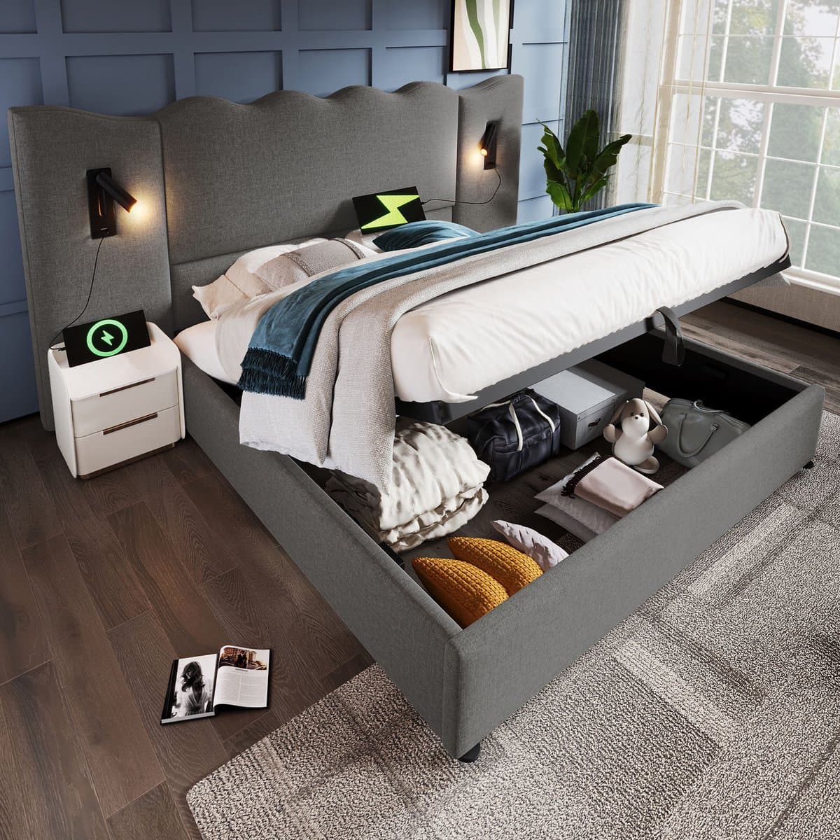 Sweiko Tweepersoonsbed - 180×200cm - Leeslampje - USB Type-C poort - Linnen - Zonder matras - Grijs