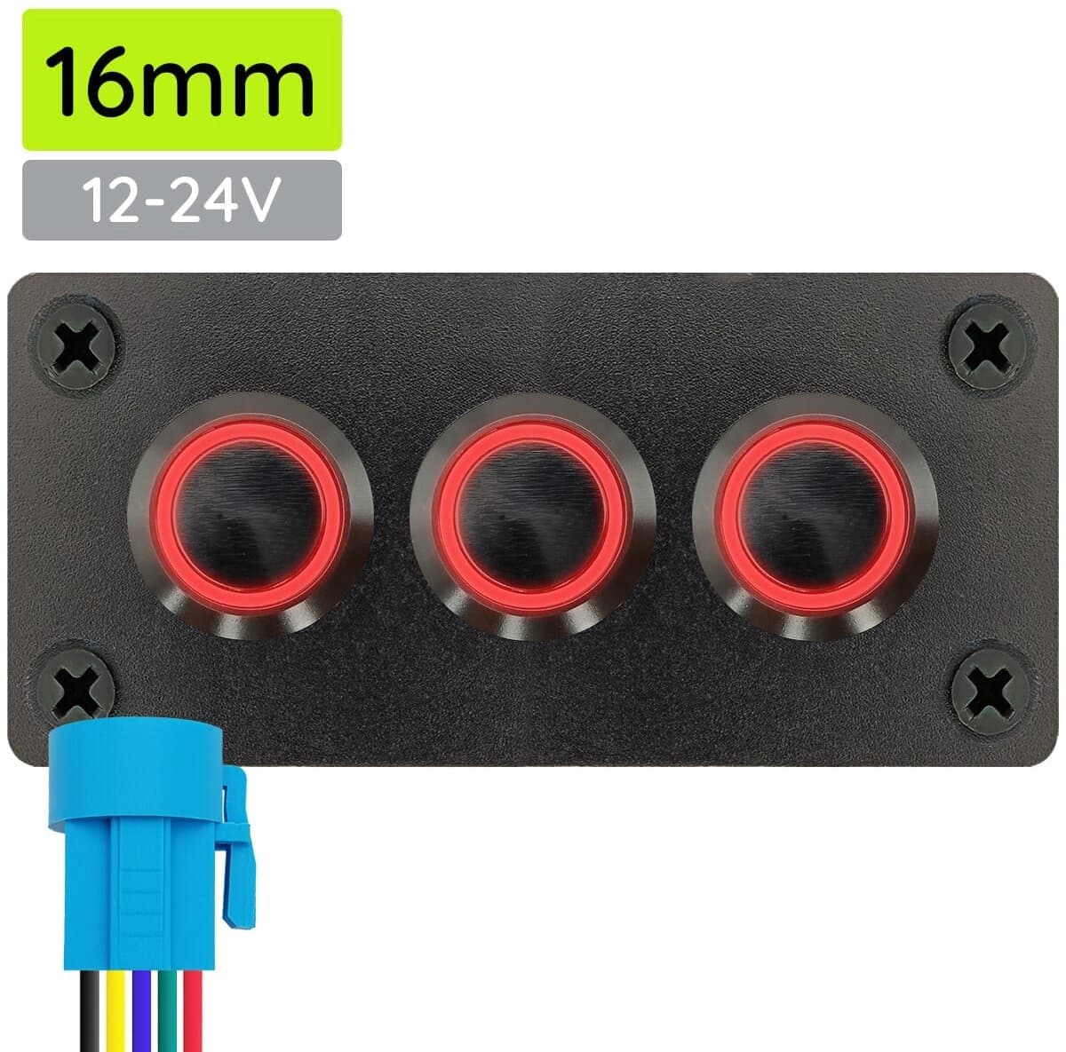 ProRide Metalen Drukschakelaars ON-OFF 12-24V - 16mm - Drievoudig inbouwpaneel - IP67 - LED indicatie Rood