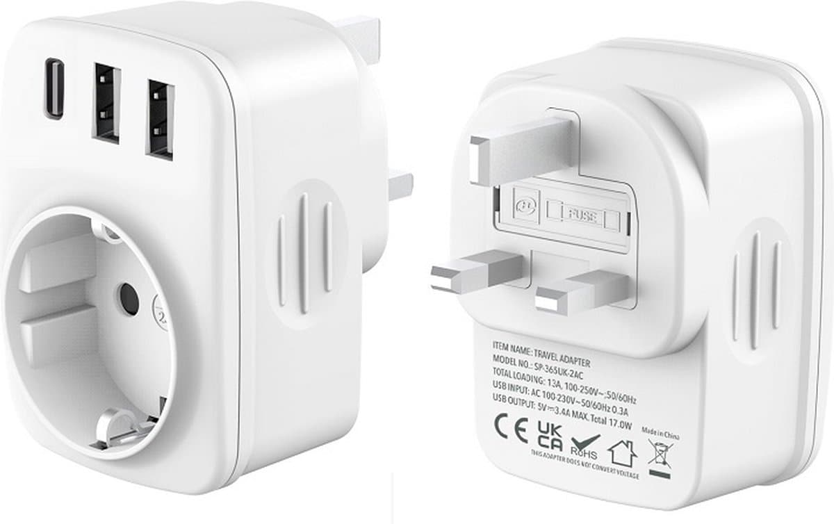 BSTNL Reisstekker Engeland/UK - Wereldstekker Type G - 3 USB-Poorten - USB-C & 2x USB-A - Wit