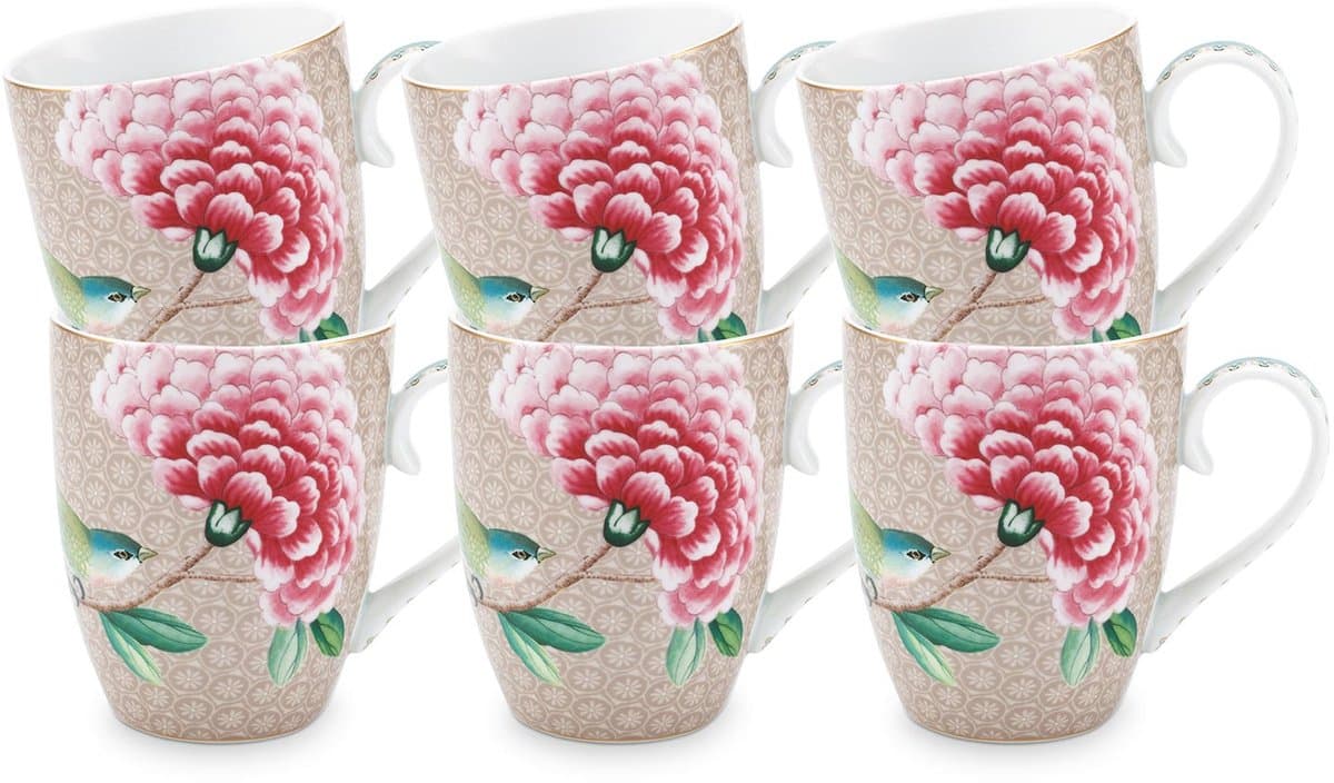 Pip Studio Blushing Birds Mokken - Theemok - Koffiemok met Oor - Servies set van 6 - 365ml