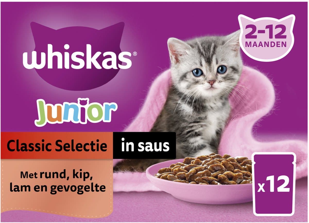Whiskas kattenvoer junior classic selectie in saus multipack 12× 85 g