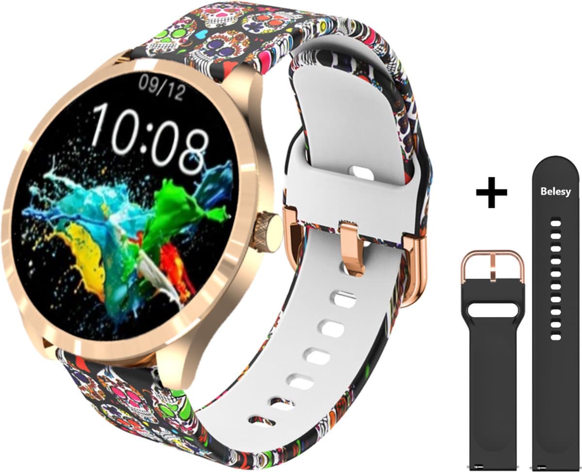Belesy® BQSiRgSk Pro Skull - Smartwatch Dames – Smartwatch Heren - Horloge - 1.28 inch - Kleurenscherm - Stappenteller - Bloeddruk - Hartslag - 75+ Wijzerplaten – Sporten – Rose goud – Staal - Siliconen – Skull - Zwart - Kerstcadeau