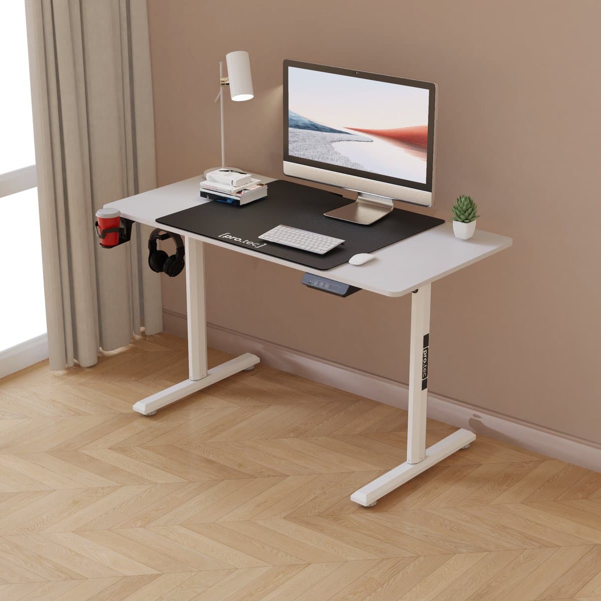 Bureau Pomona op wielen zit sta elektrisch verstelbaar wit en zwart pro.tec