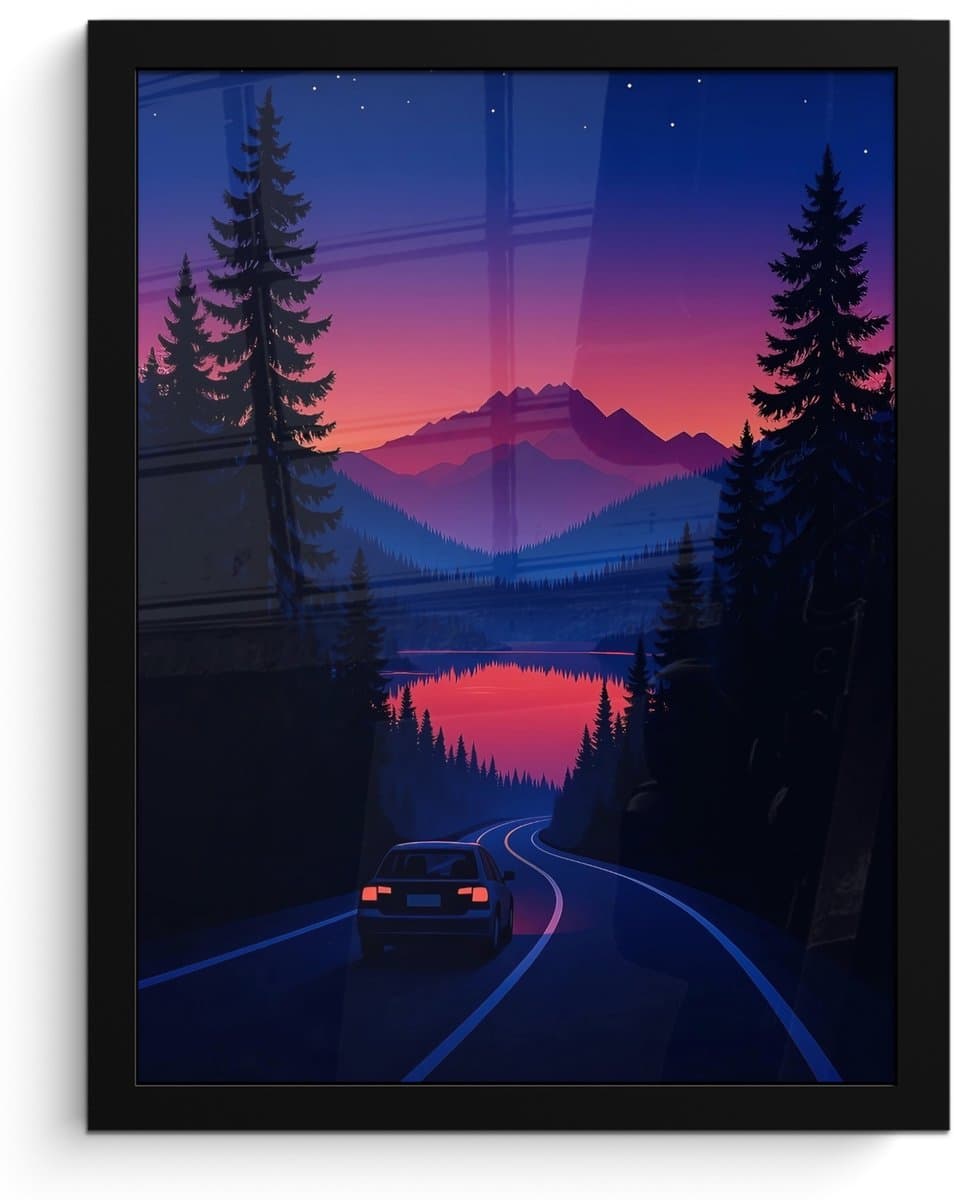 Poster in lijst - Fotolijst 30x40 cm - Posters - Auto - Donkere dennenbomen - Zonsondergang - Posterlijst zwart - Decoratie - Wanddecoratie woonkamer - Muurdecoratie slaapkamer