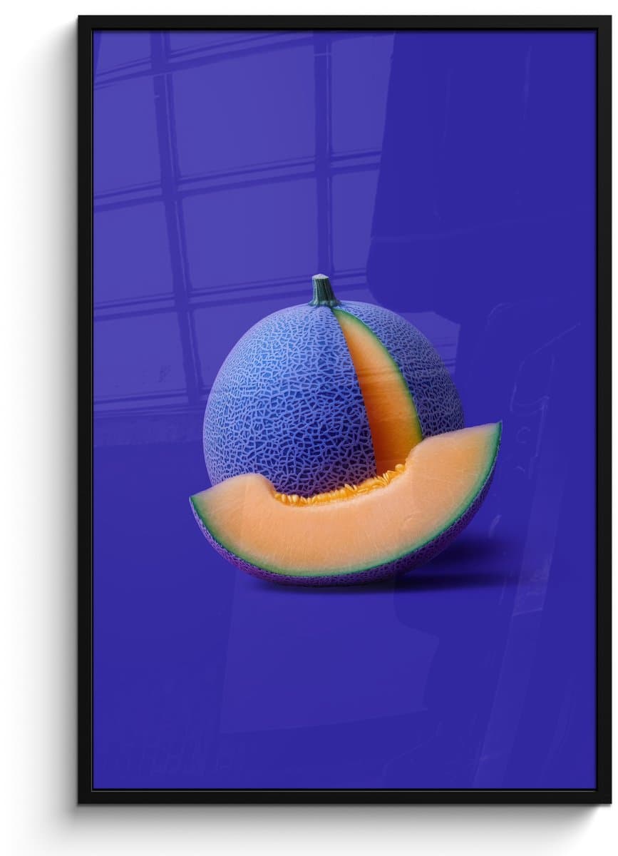 Poster in lijst - Fotolijst 80x120 cm - Posters - Meloen - Blauw - Oranje - Kunstzinnig - Posterlijst zwart - Decoratie - Wanddecoratie woonkamer - Muurdecoratie slaapkamer