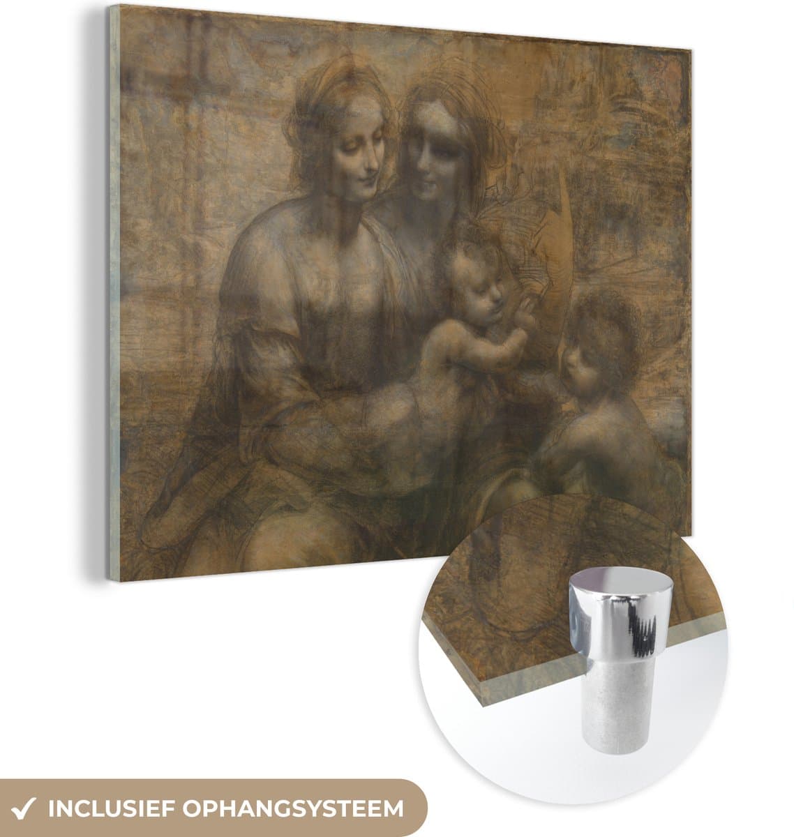 MuchoWow® Glasschilderij 40x30 cm - Schilderij acrylglas - Maria met kind en Sint-Anna - Leonardo da Vinci - Foto op glas - Schilderijen