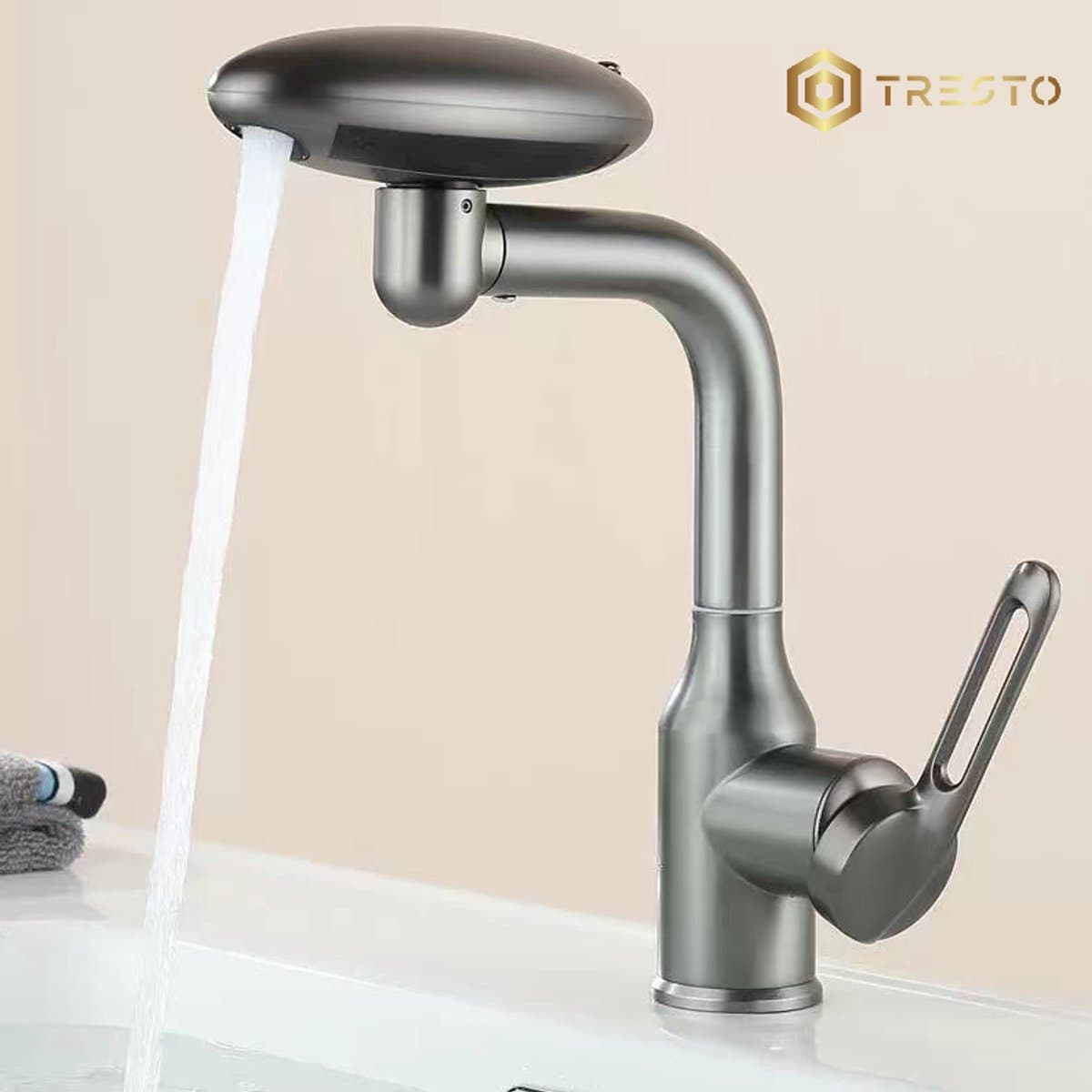 TRESTO - 360° Draaibare Waterval Kraan – 4 Standen Waterstraal – Multifunctionele Wastafelkraan – Warm/Koud Mengkraan – Badkamer Kraan - Grijs
