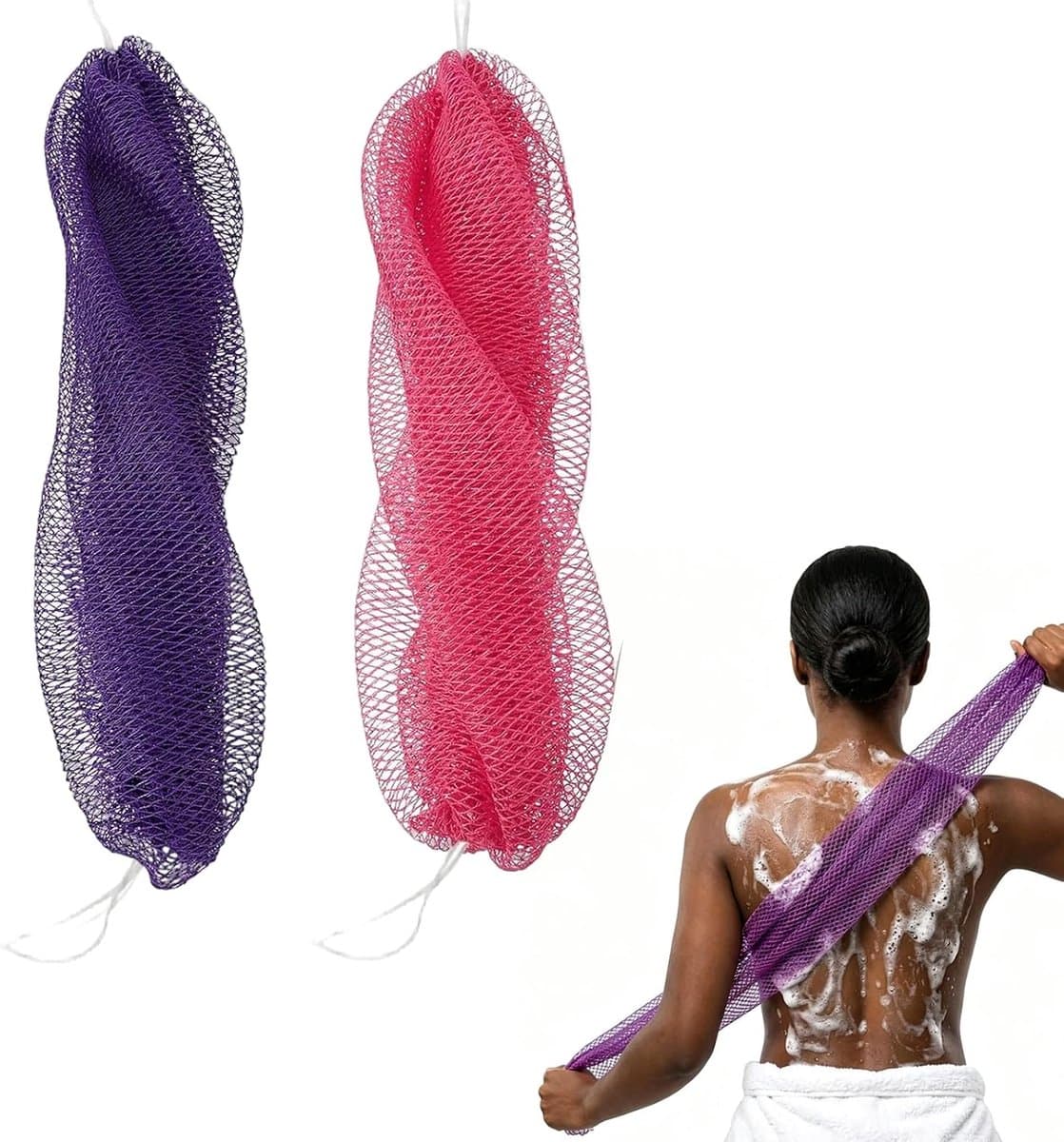 Net-spons 2 stuks – diep reinigen en exfoliëren, verwijdert dode huidcellen, snel drogend, hygiënisch, geschikt voor lichaam, ellebogen en hielen, geschenkverpakking