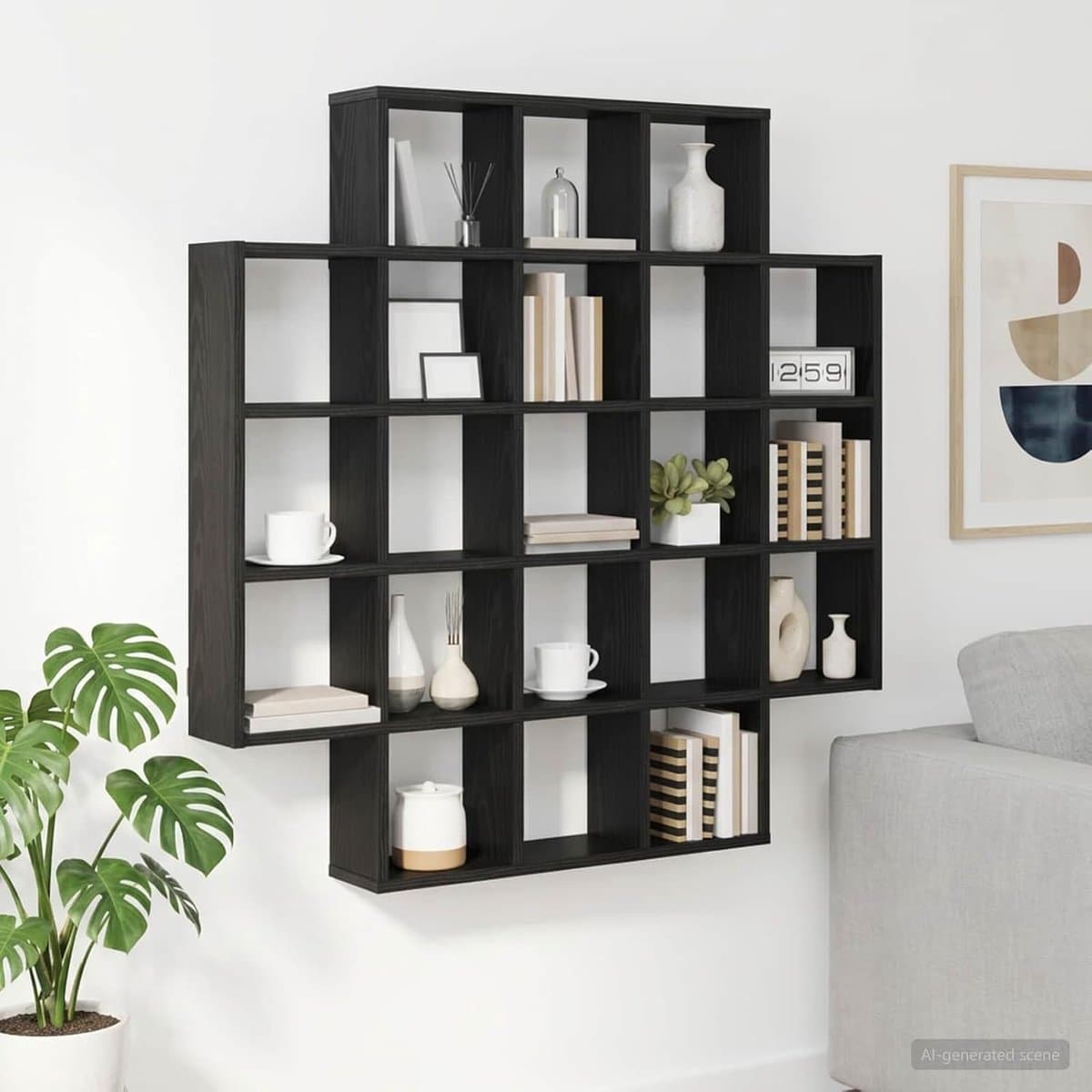 Wandrek, zwart eikenlook, zwevend rek met veel opbergruimte van hout, 100 x 13 x 100 cm, voor woonkamer, slaapkamer, kantoor en hal, voor moderne decoratie