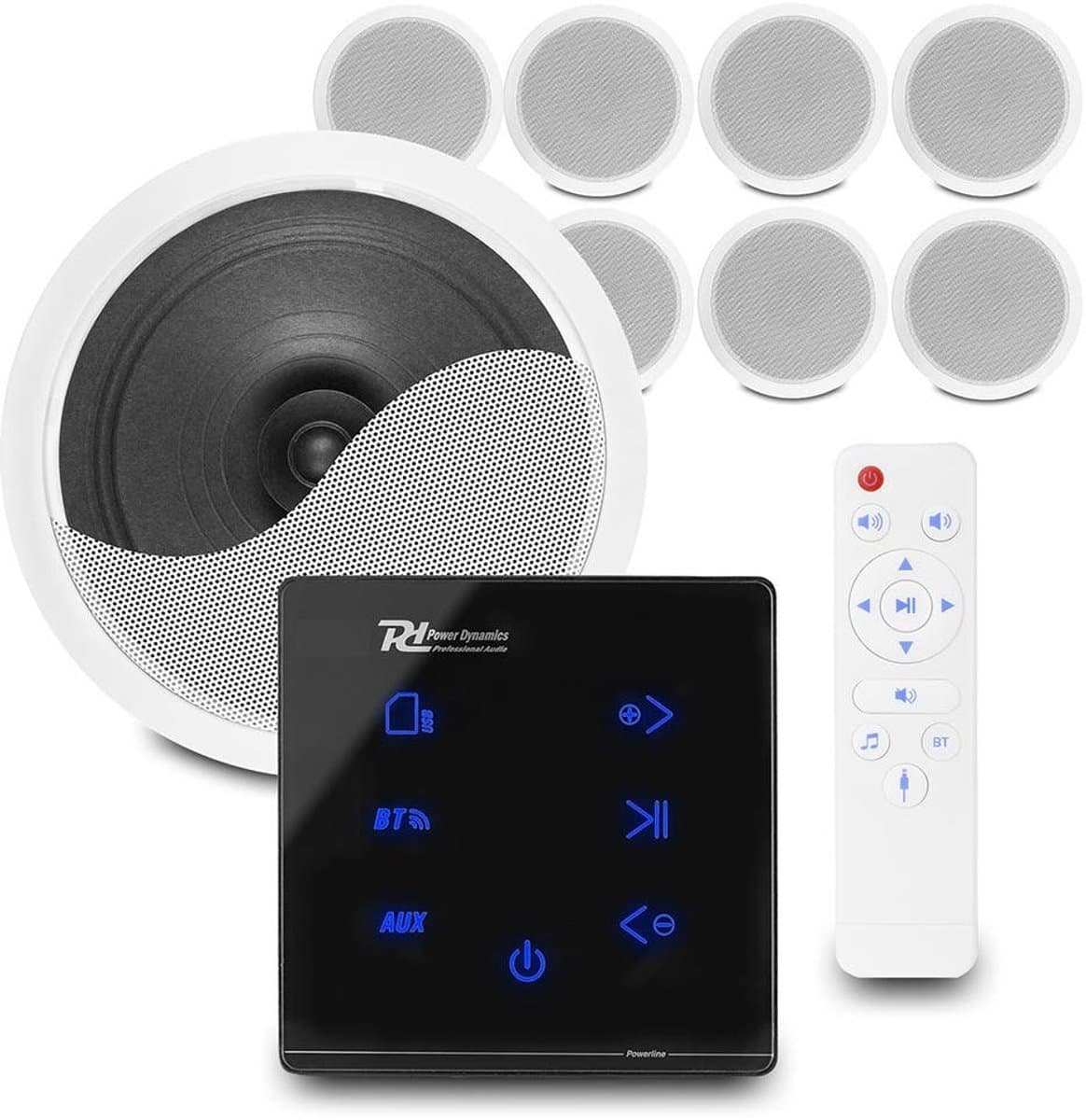 Power Dynamics set van 8 CSPS6 plafondspeakers met de A100B inbouw versterker - Bluetooth - 4x 20W